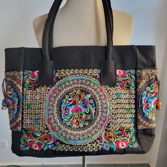 Floral Embroider Ethnic Ladies Large Tote/Shoulder Bag with Wooden Beading - Picture 6 of 12